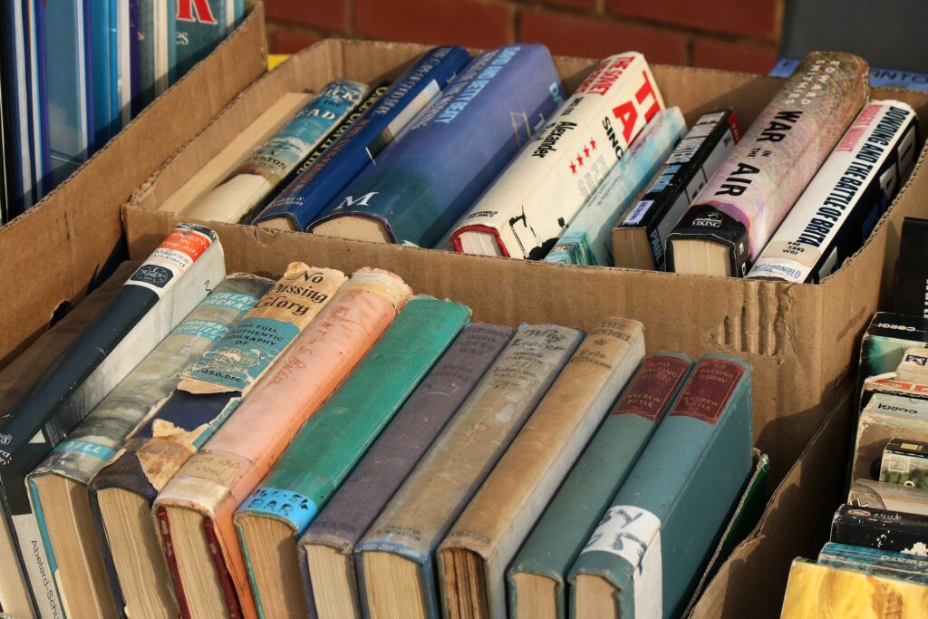 Second-hand French books in cardboard boxes – La Bonne Librairie, New Delhi